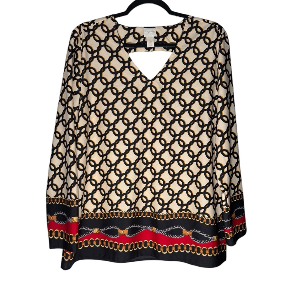 Chicos Chainlink Print Status Frame Cutout Tunic Womens size Large Cream Black